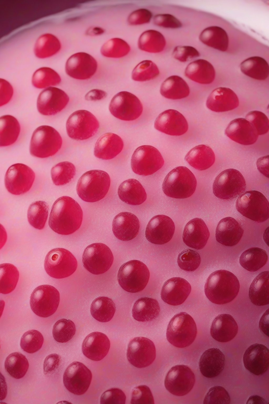 A high-resolution photo of cranberry acai pink frost with frosty rim, under soft lighting.