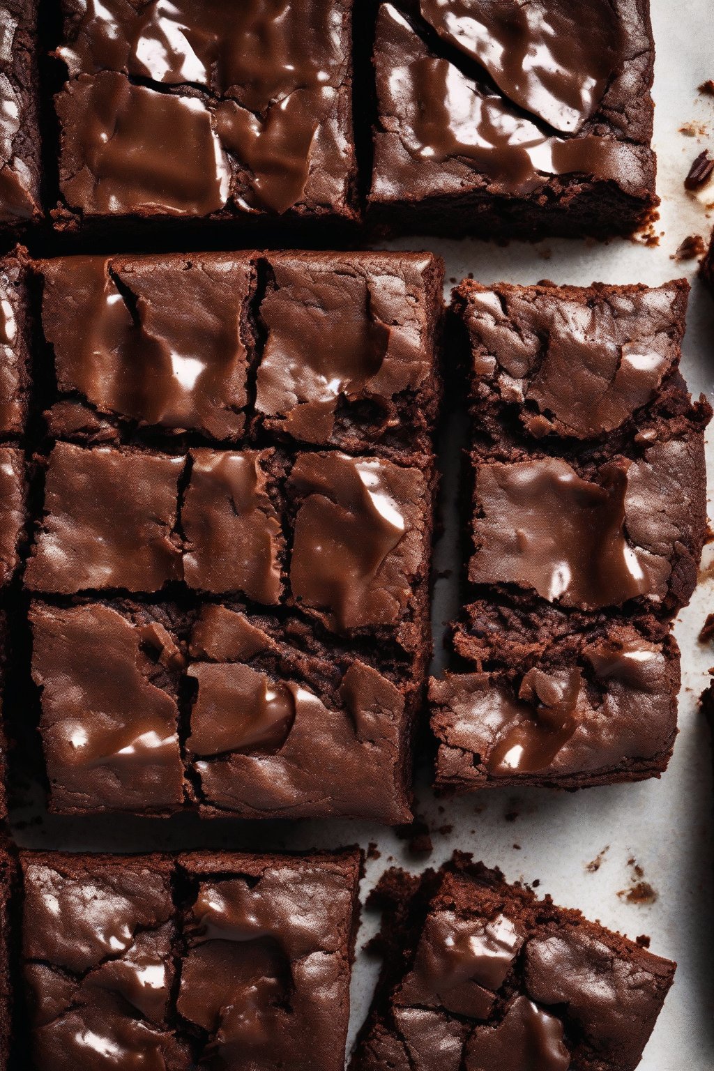 A high-resolution photo of classic fudgy brownies with a crackly top and gooey center, cut into squares, under soft lighting.