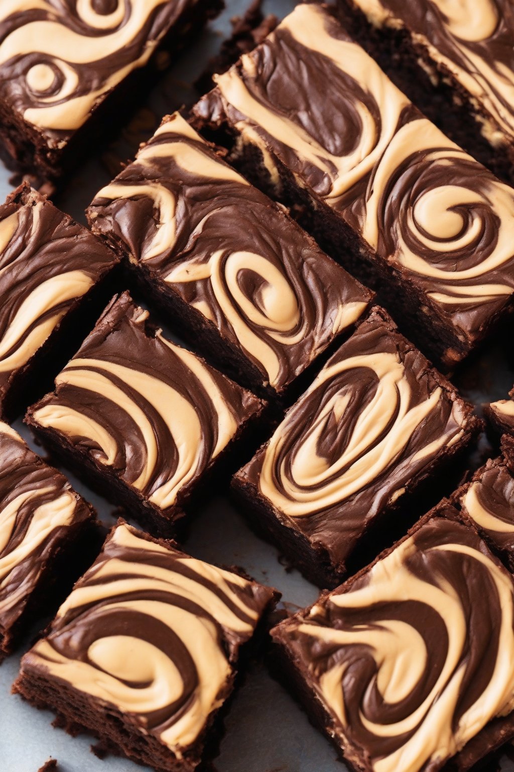 A high-resolution close-up photo of peanut butter swirl fudgy brownies, showing creamy swirls on a dense chocolate base, under soft lighting.