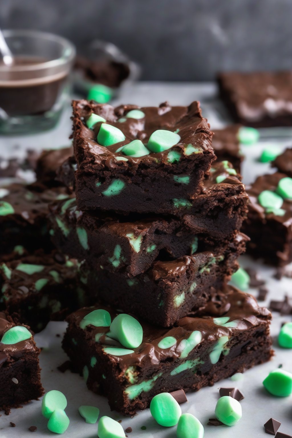 A high-resolution photo of mint chocolate fudgy brownies studded with green chips, oozing chocolate, under soft lighting.