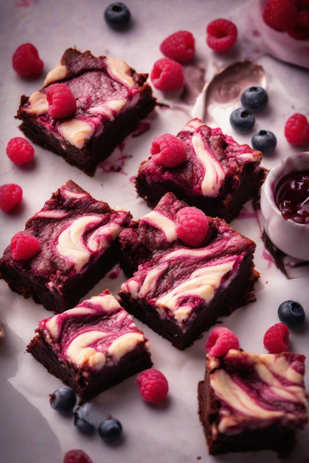 A high-resolution close-up photo of raspberry ripple fudgy brownies with visible jam swirls and fresh berries, under soft lighting.