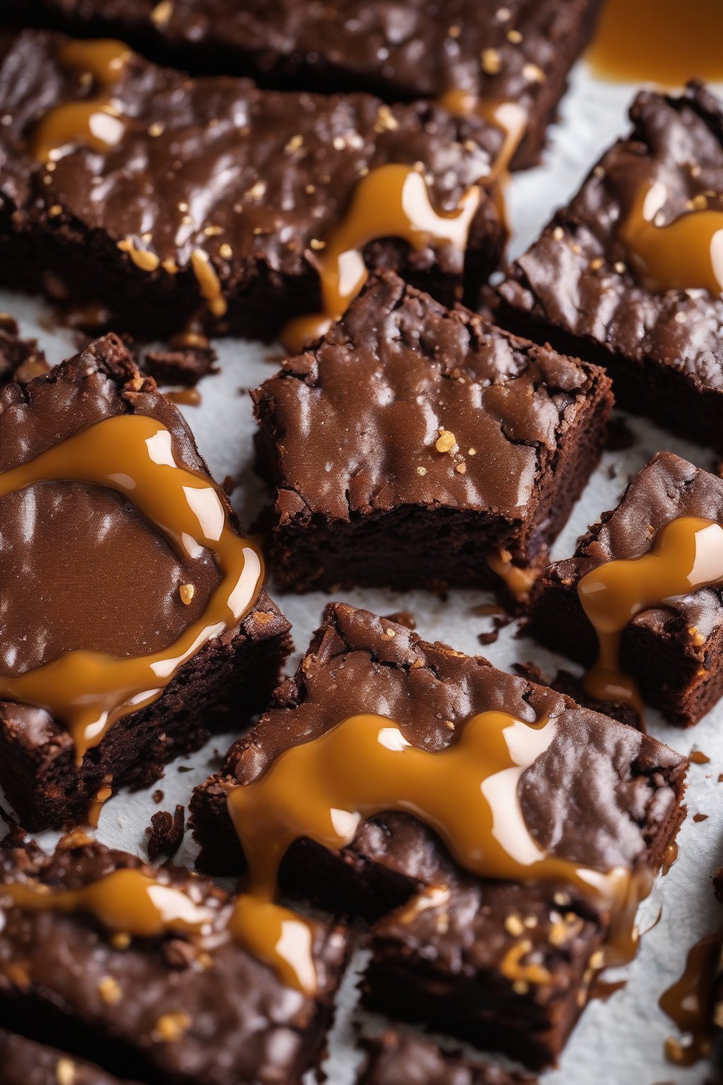 A high-resolution photo of salted caramel fudgy brownies dripping with golden sauce and flaky salt, under soft lighting.