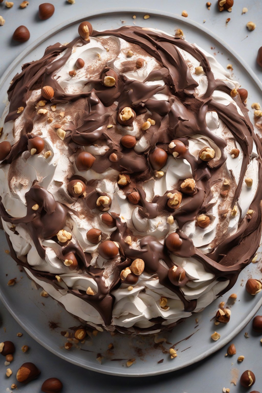 A high-resolution photo of a chocolate hazelnut pavlova with cocoa-dusted crisp meringue, oozing ganache, and scattered hazelnuts, under soft lighting.