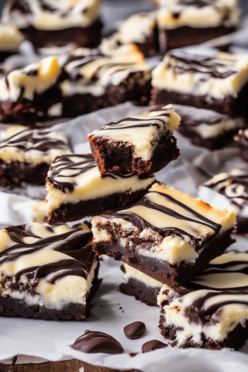 A high-resolution close-up photo of cheesecake stuffed fudgy brownies, with creamy white filling oozing out, under soft lighting.