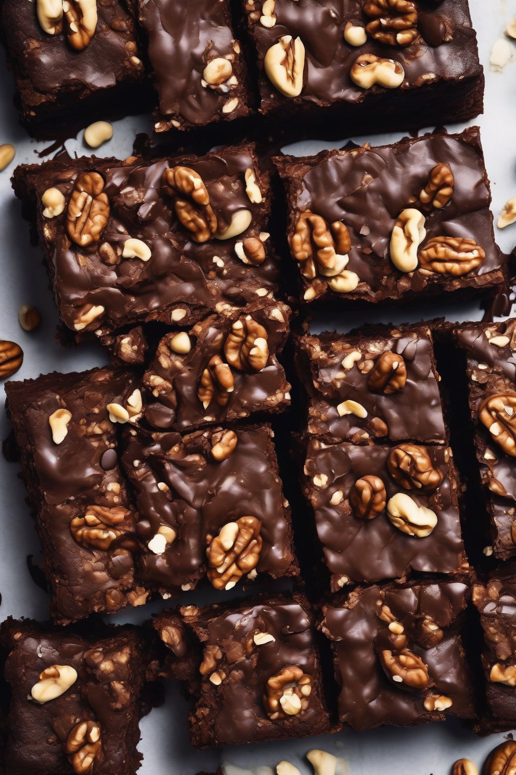 A high-resolution photo of walnut crunch fudgy brownies with chunky nuts visible in the dense chocolate, under soft lighting.