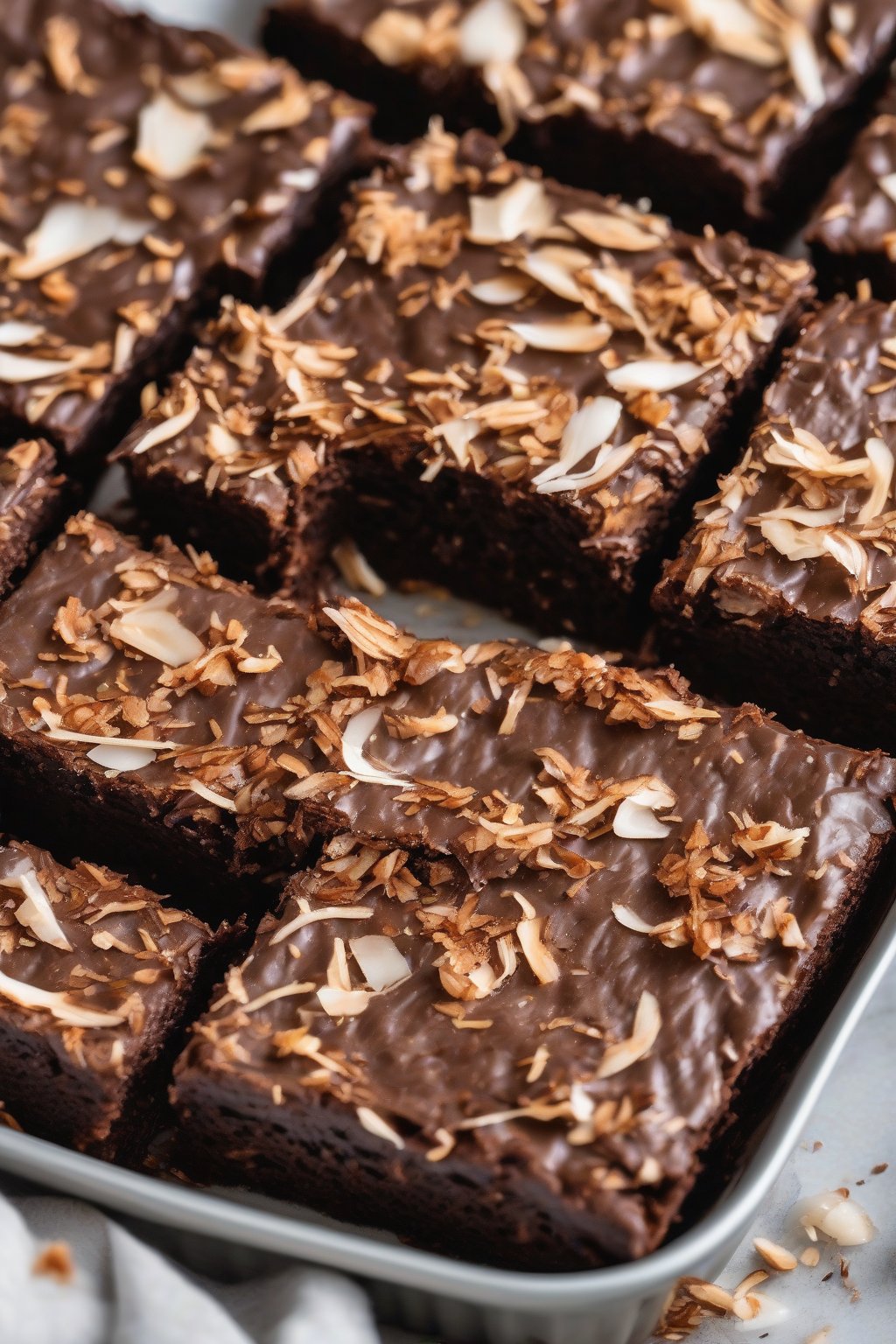 A high-resolution close-up photo of coconut fudgy brownies topped with toasted flakes, moist and chewy, under soft lighting.