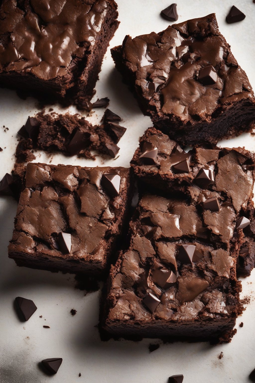 A high-resolution photo of espresso fudgy brownies with dark chocolate chunks, steaming slightly, under soft lighting.