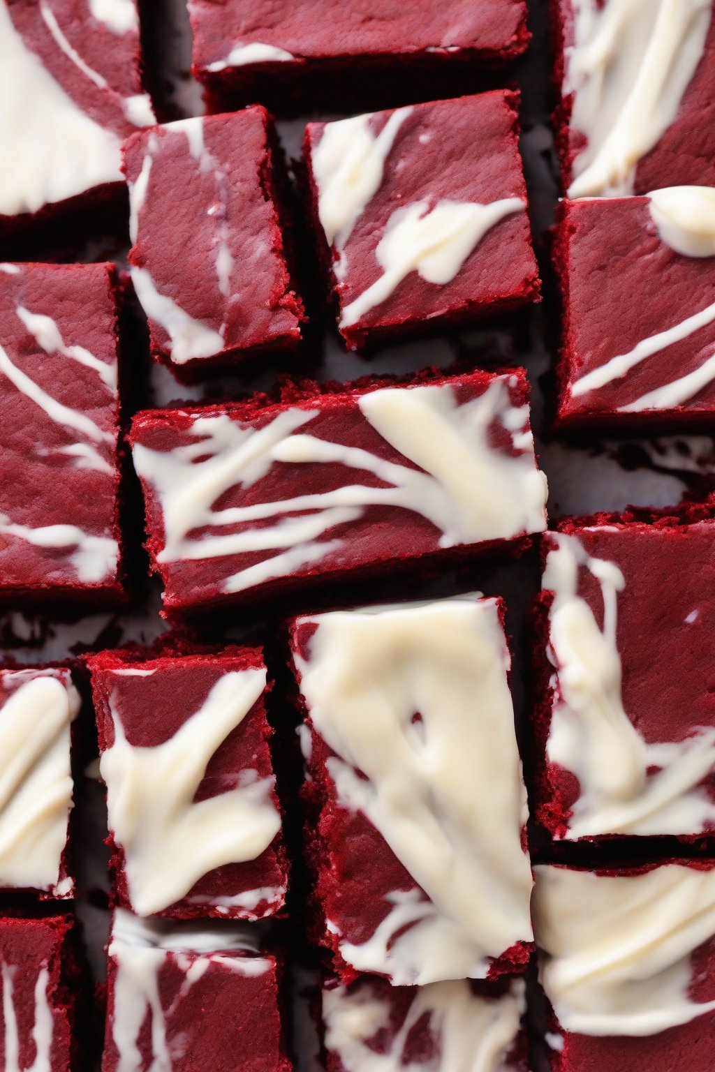 A high-resolution close-up photo of vibrant red velvet fudgy brownies with a velvety texture, under soft lighting.