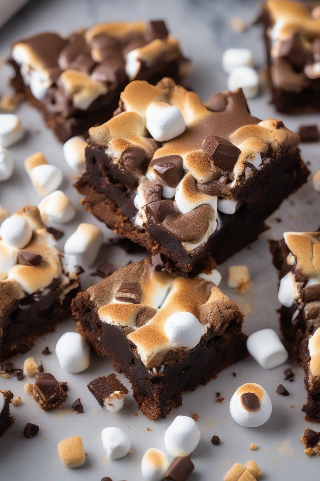 A high-resolution photo of s'mores fudgy brownies with gooey marshmallows and graham bits, under soft lighting.