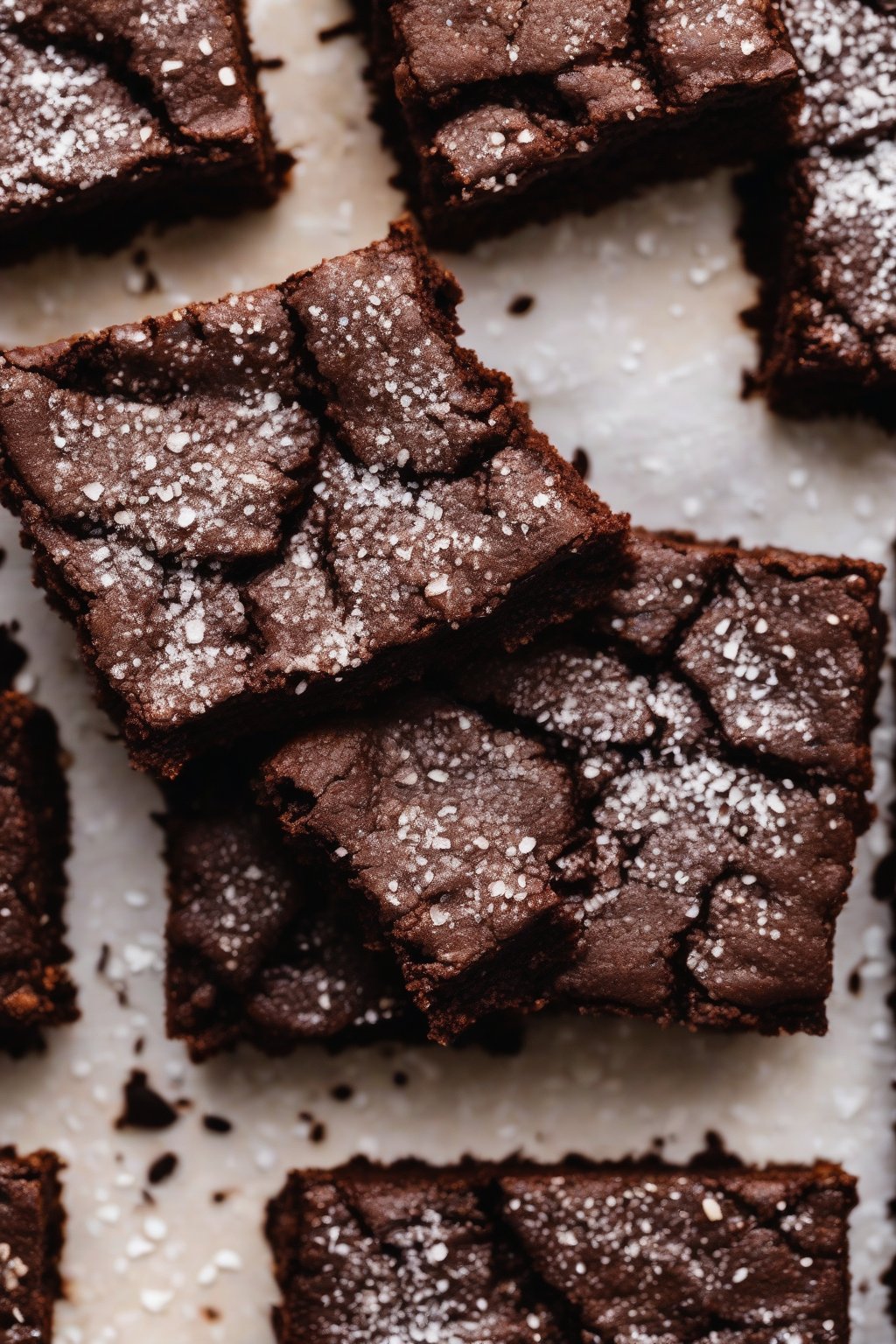 A high-resolution close-up photo of Mexican chocolate fudgy brownies dusted with sugar, hinting at spicy warmth, under soft lighting.