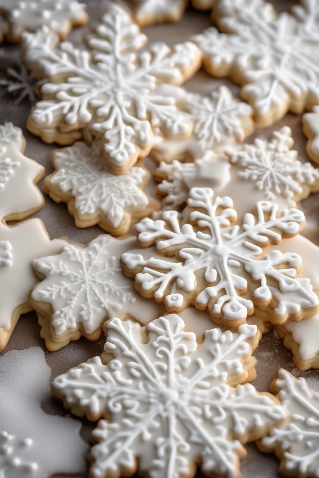 A high-resolution photo of glossy white royal icing piped snowflakes on sugar cookies under soft lighting.