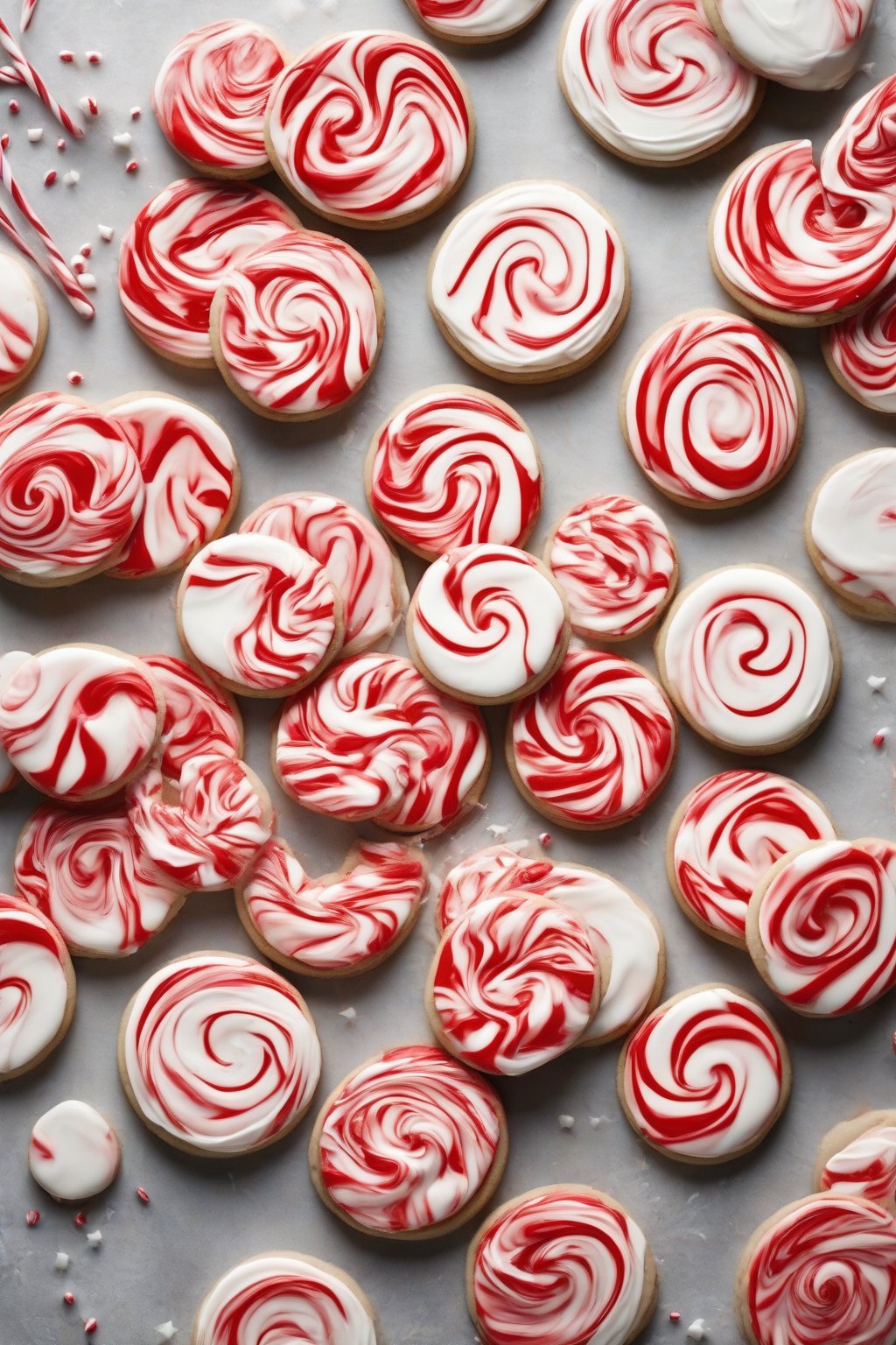A high-resolution photo of red and white swirled peppermint royal icing on round cookies under soft lighting.