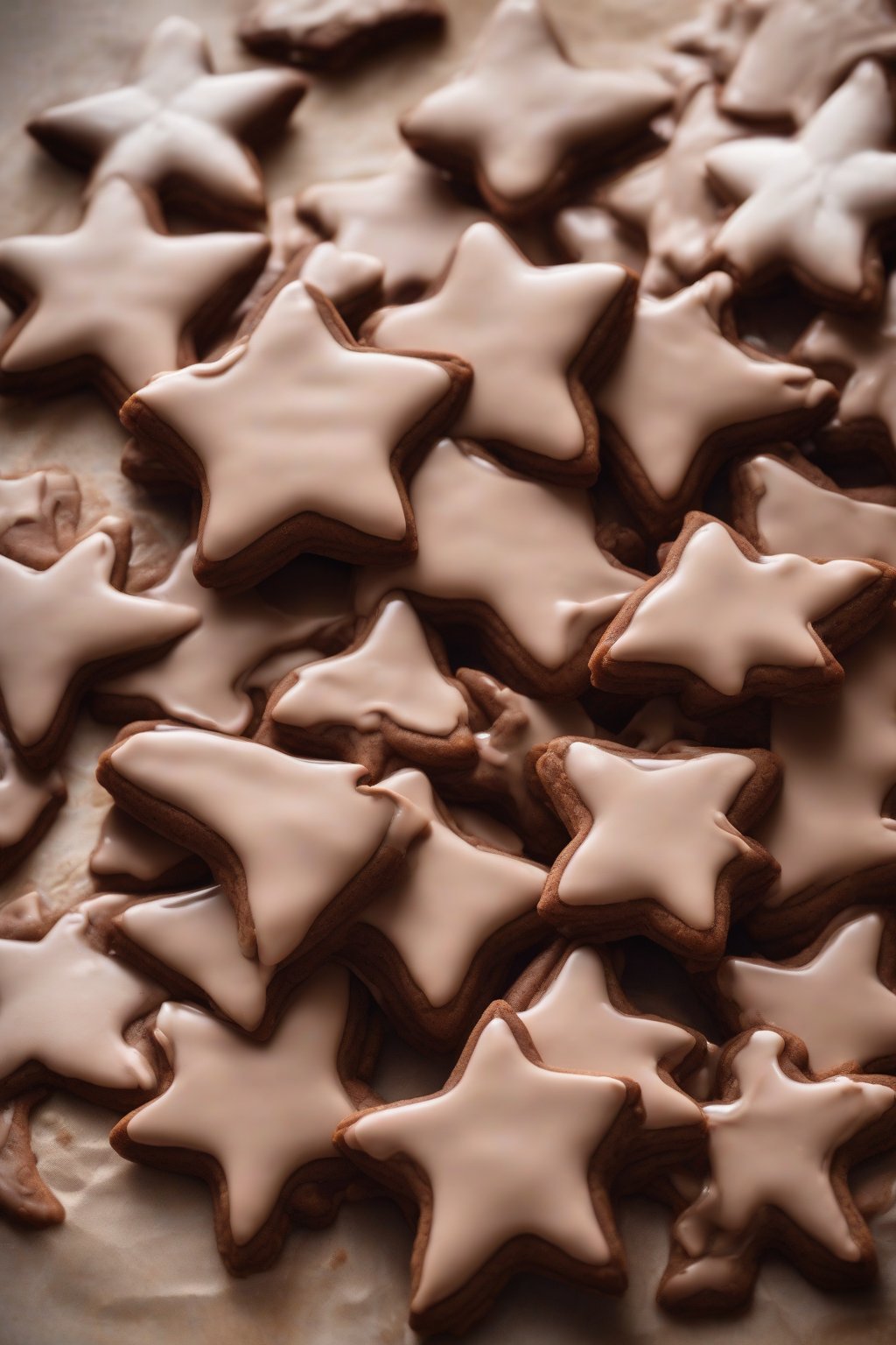 A high-resolution photo of chocolate glossy royal icing flooding star-shaped cookies under soft lighting.