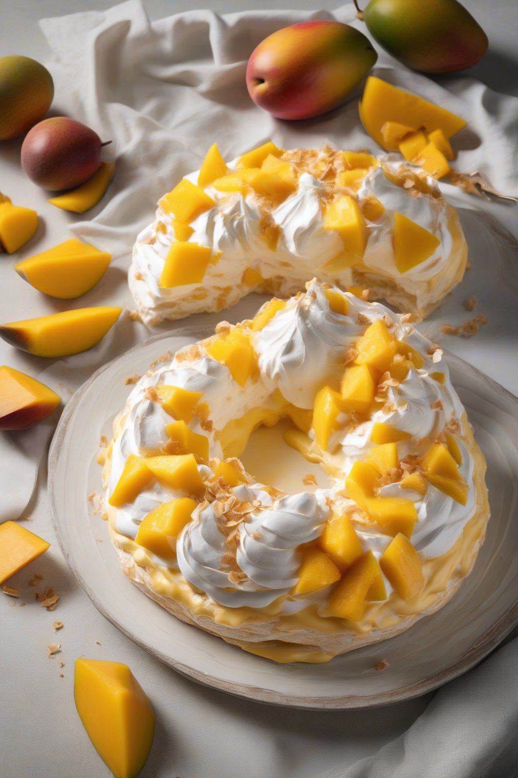 A high-resolution photo of a tropical mango pavlova showcasing golden crisp edges, creamy coconut topping, and glistening mango slices, under soft lighting.