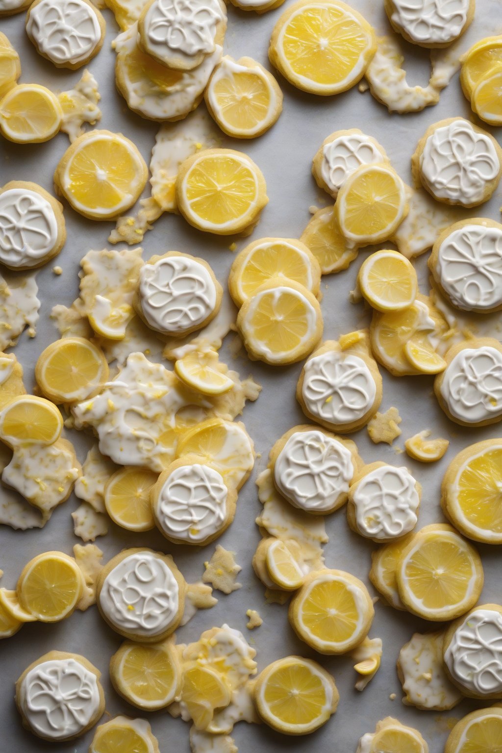 A high-resolution photo of lemon zest-flecked shiny royal icing on citrus cookies under soft lighting.