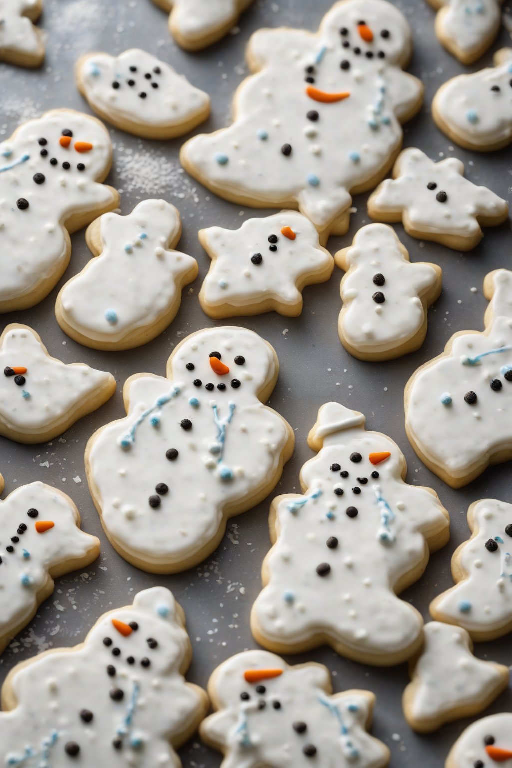 A high-resolution photo of vanilla bean speckled glossy royal icing on snowman cookies under soft lighting.