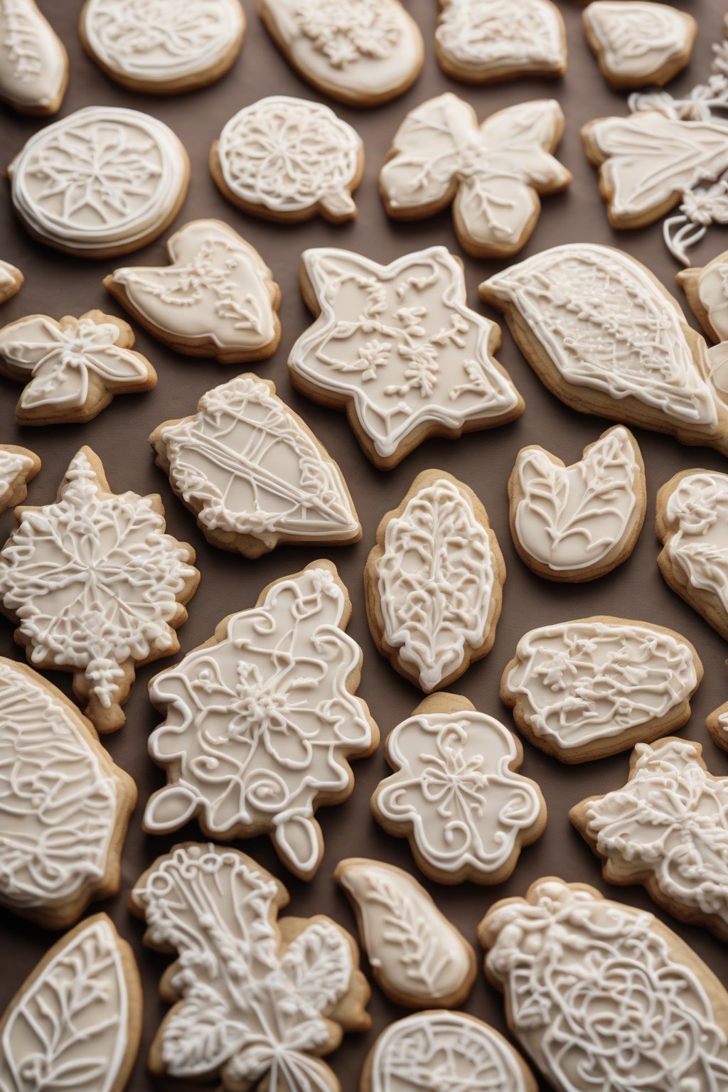A high-resolution photo of almond glossy royal icing detailed designs on almond cookies under soft lighting.