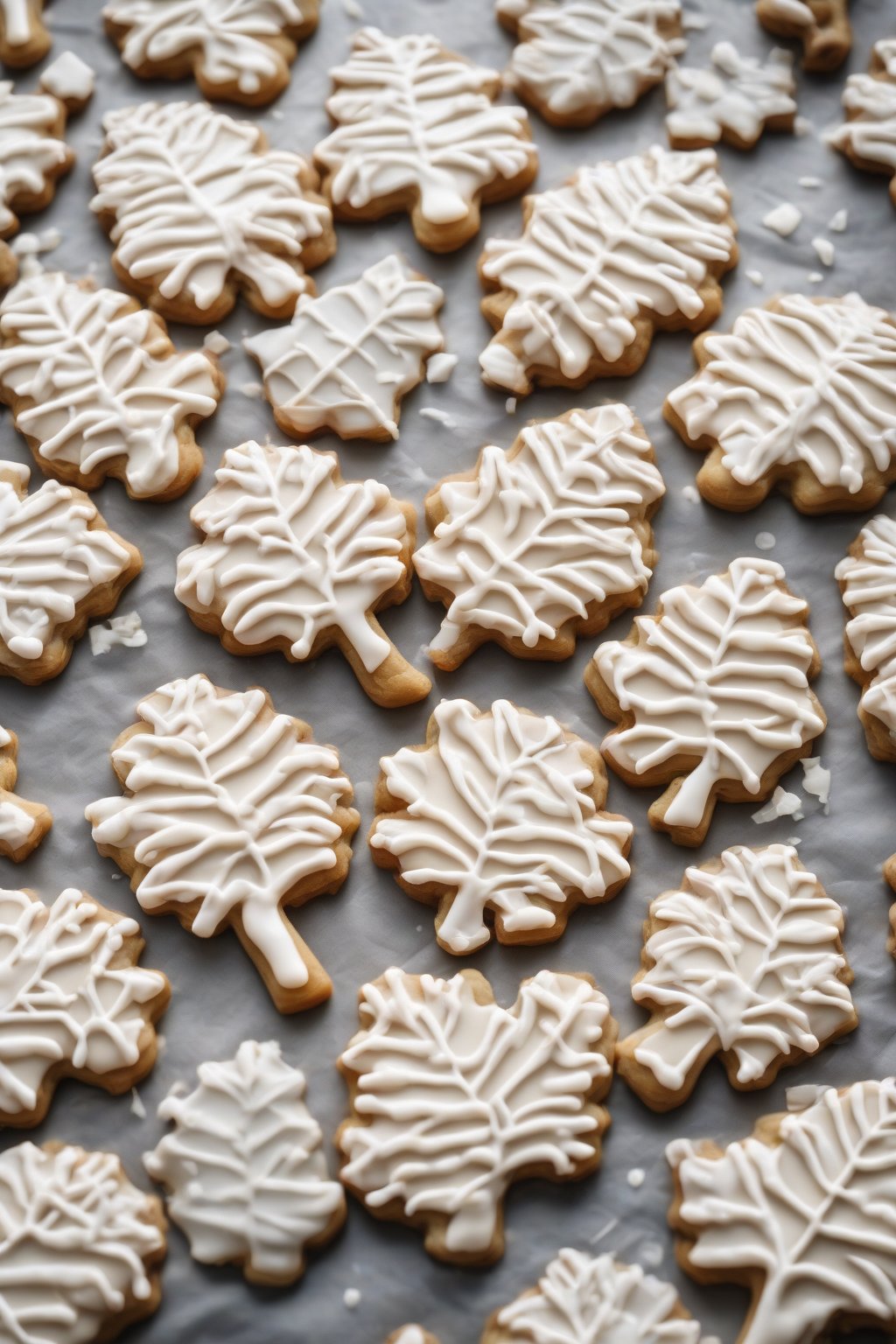 A high-resolution photo of coconut flake-infused glossy royal icing on palm tree cookies under soft lighting.