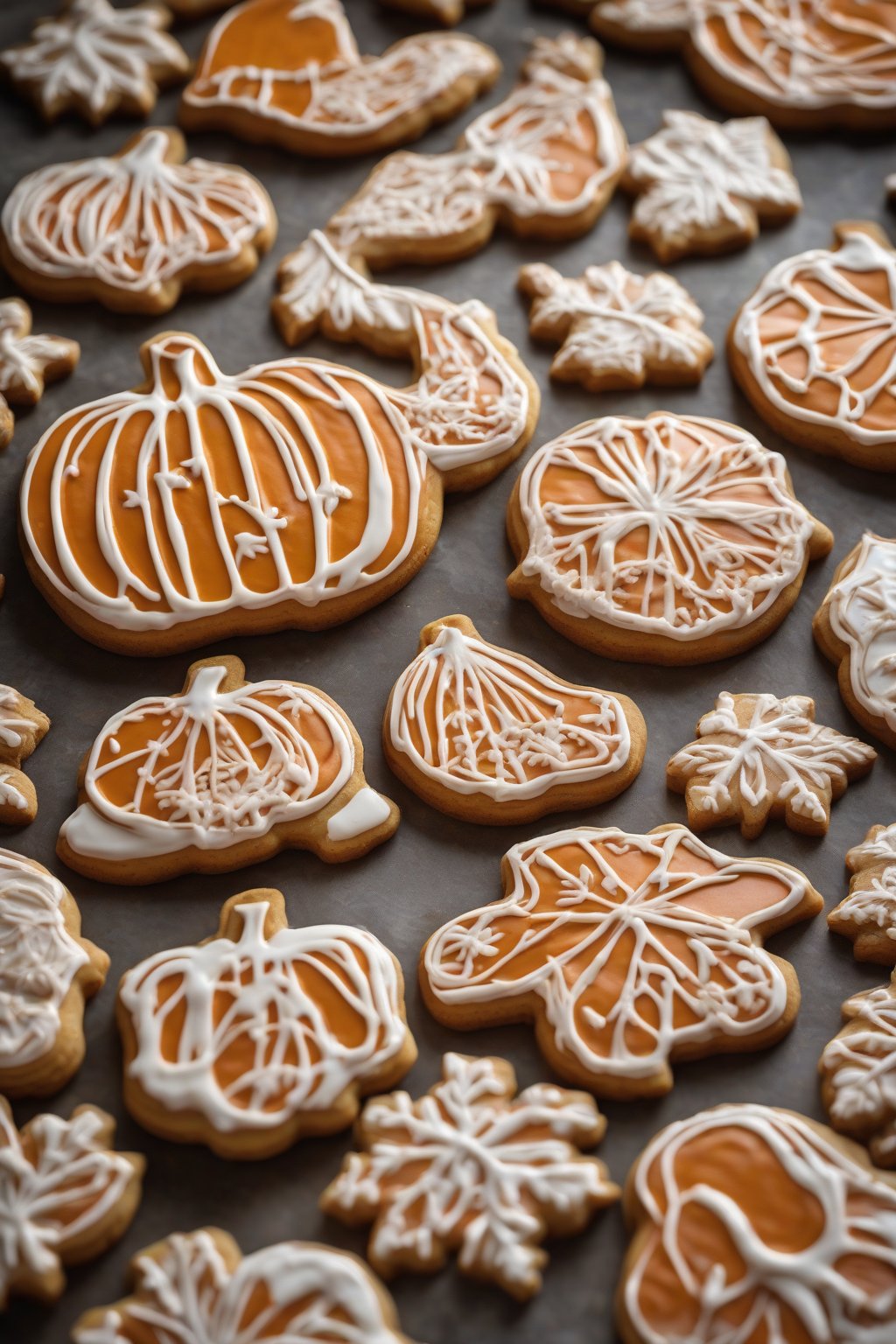 A high-resolution photo of spiced pumpkin glossy royal icing on pumpkin cookies under soft lighting.