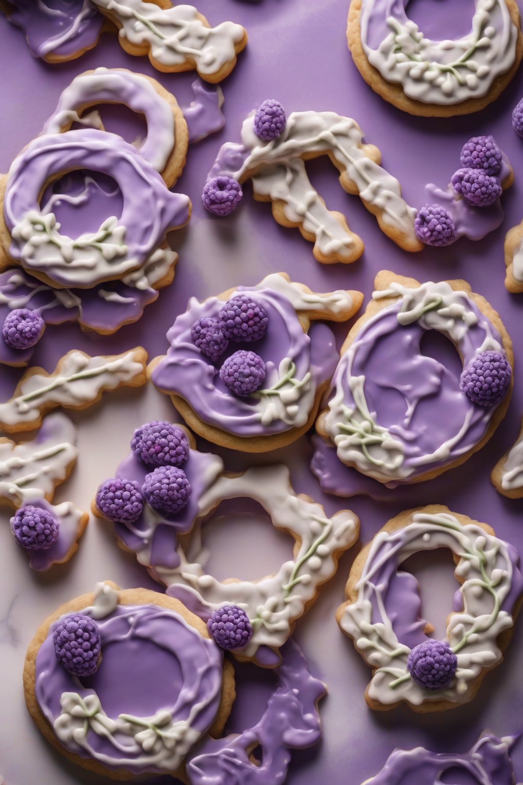 A high-resolution photo of berry blast purple glossy royal icing on wreath cookies under soft lighting.