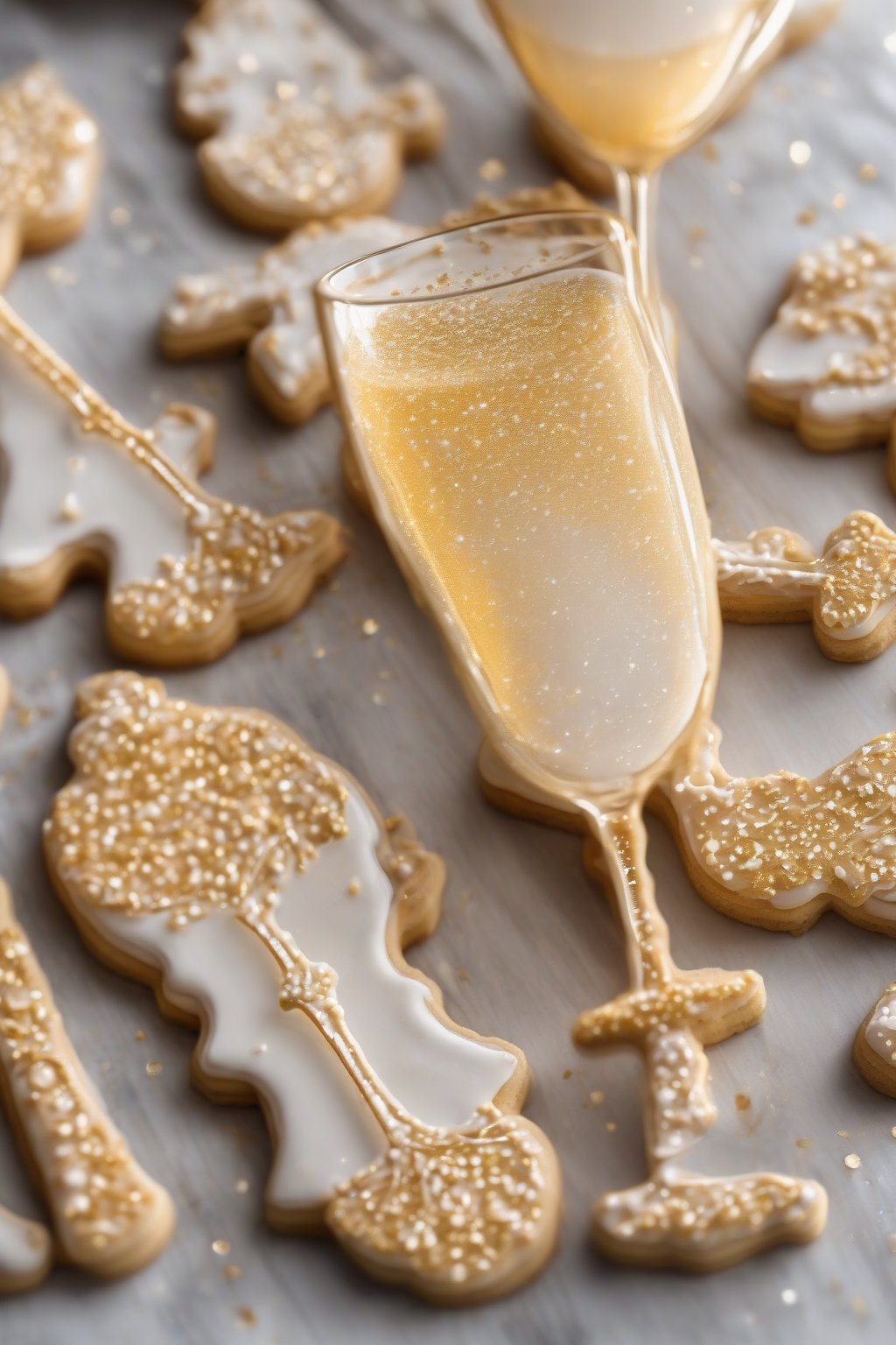 A high-resolution photo of golden champagne sparkle glossy royal icing on champagne flute cookies under soft lighting.