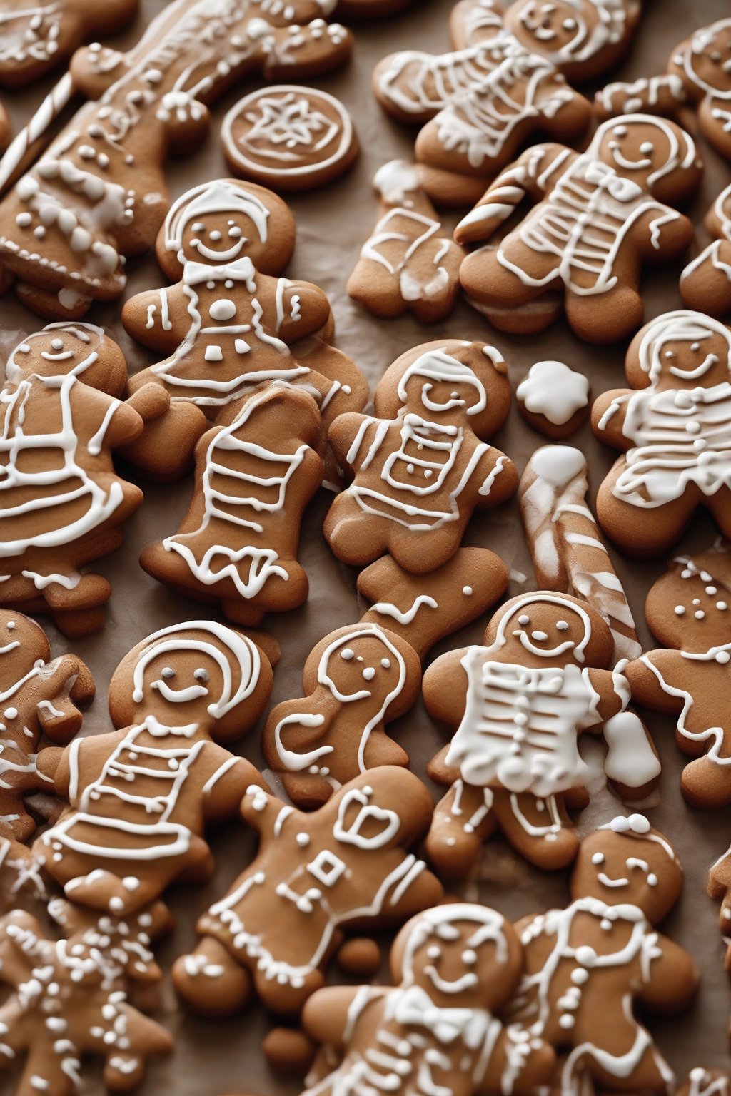 A high-resolution photo of gingerbread spice glossy royal icing on gingerbread people under soft lighting.