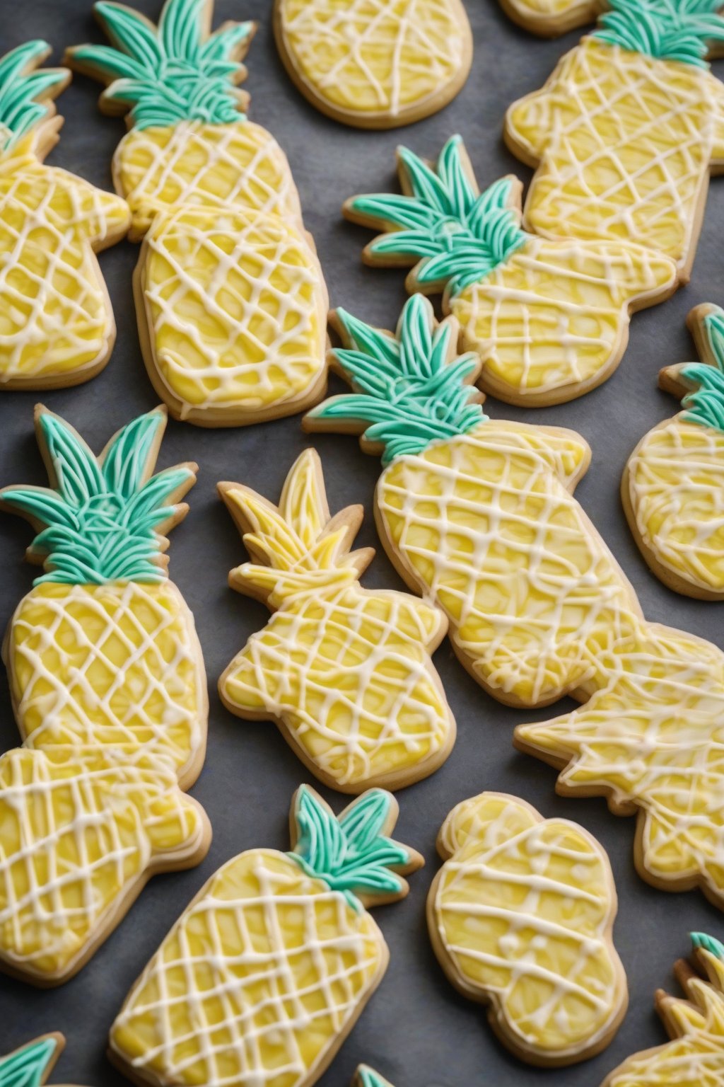 A high-resolution photo of tropical pineapple glossy royal icing on star cookies under soft lighting.