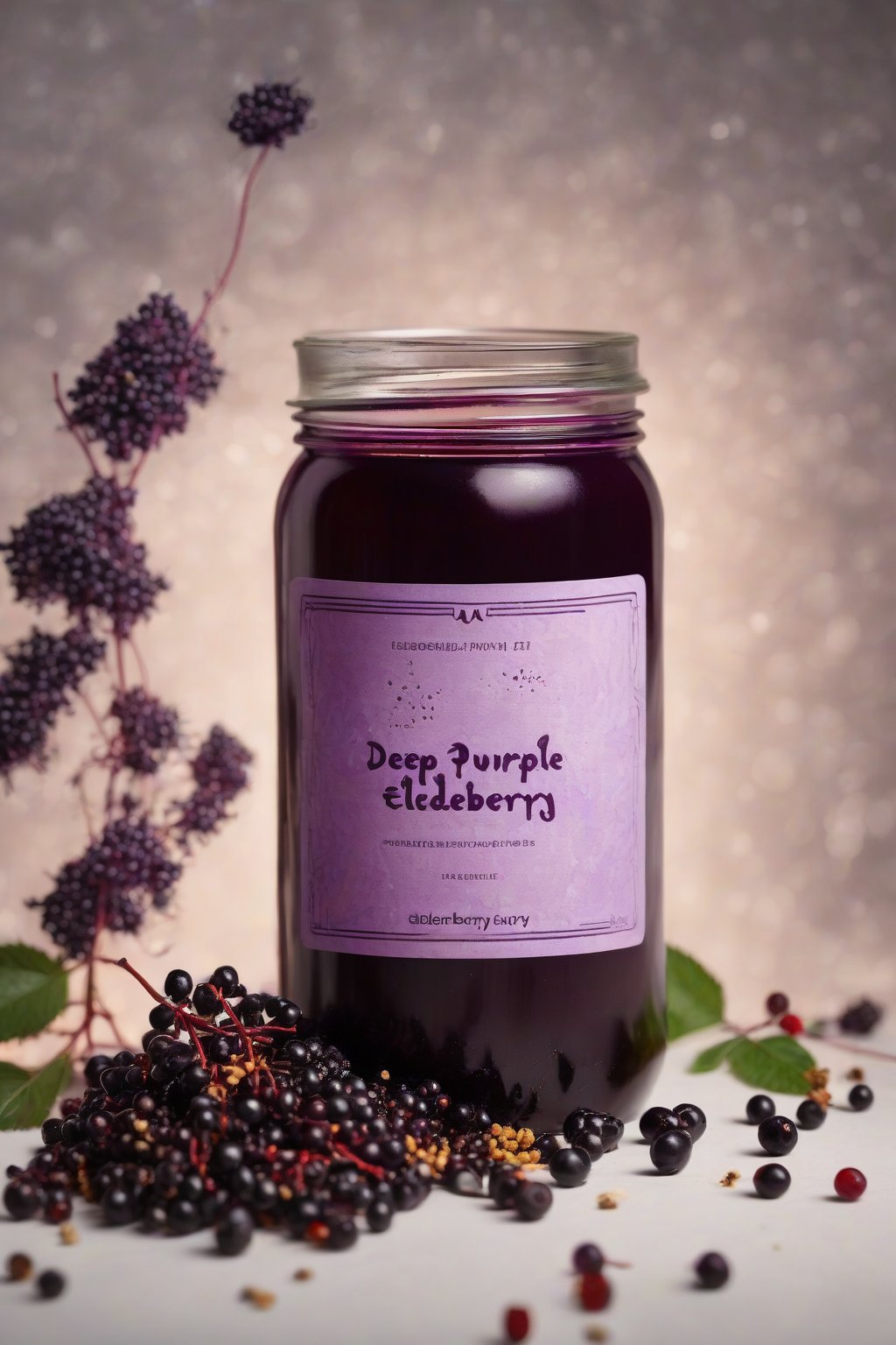 A high-resolution photo of a jar of deep purple classic elderberry syrup with elderberries and spices scattered around, under soft lighting.