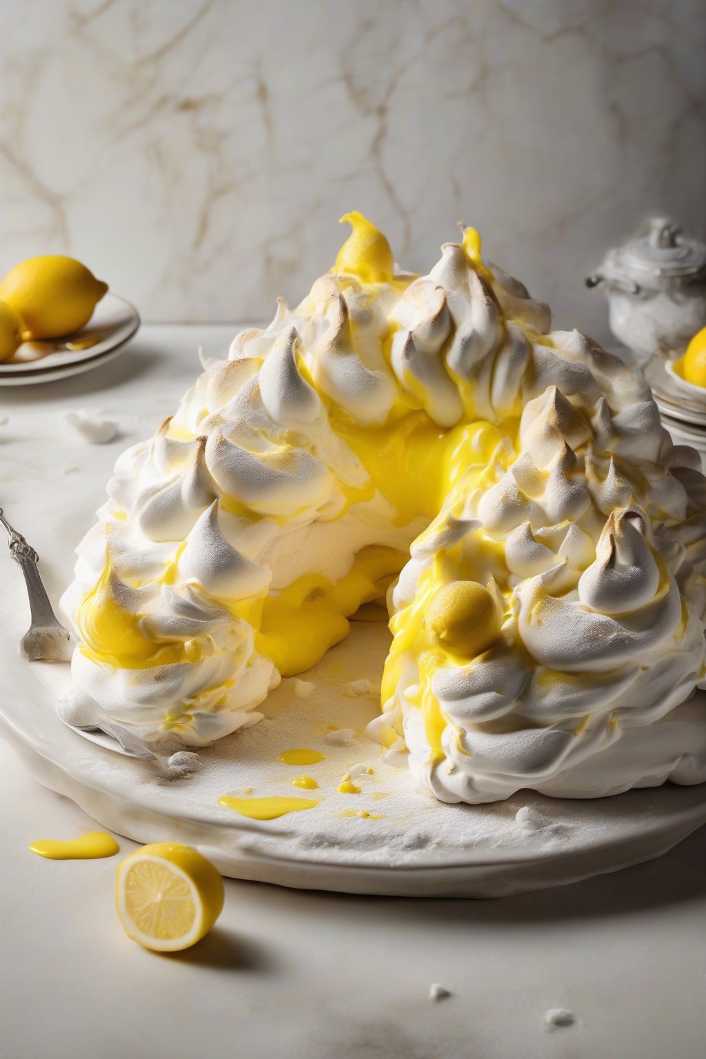 A high-resolution photo of a lemon curd pavlova with crisp meringue base, vibrant yellow curd swirls, and a dusting of powdered sugar, under soft lighting.