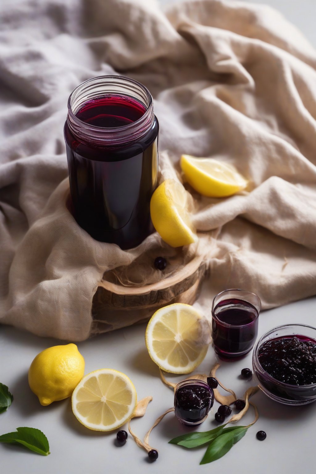 A high-resolution photo of ginger-infused elderberry syrup in a jar, with fresh ginger slices and lemon wedges nearby, under soft lighting.