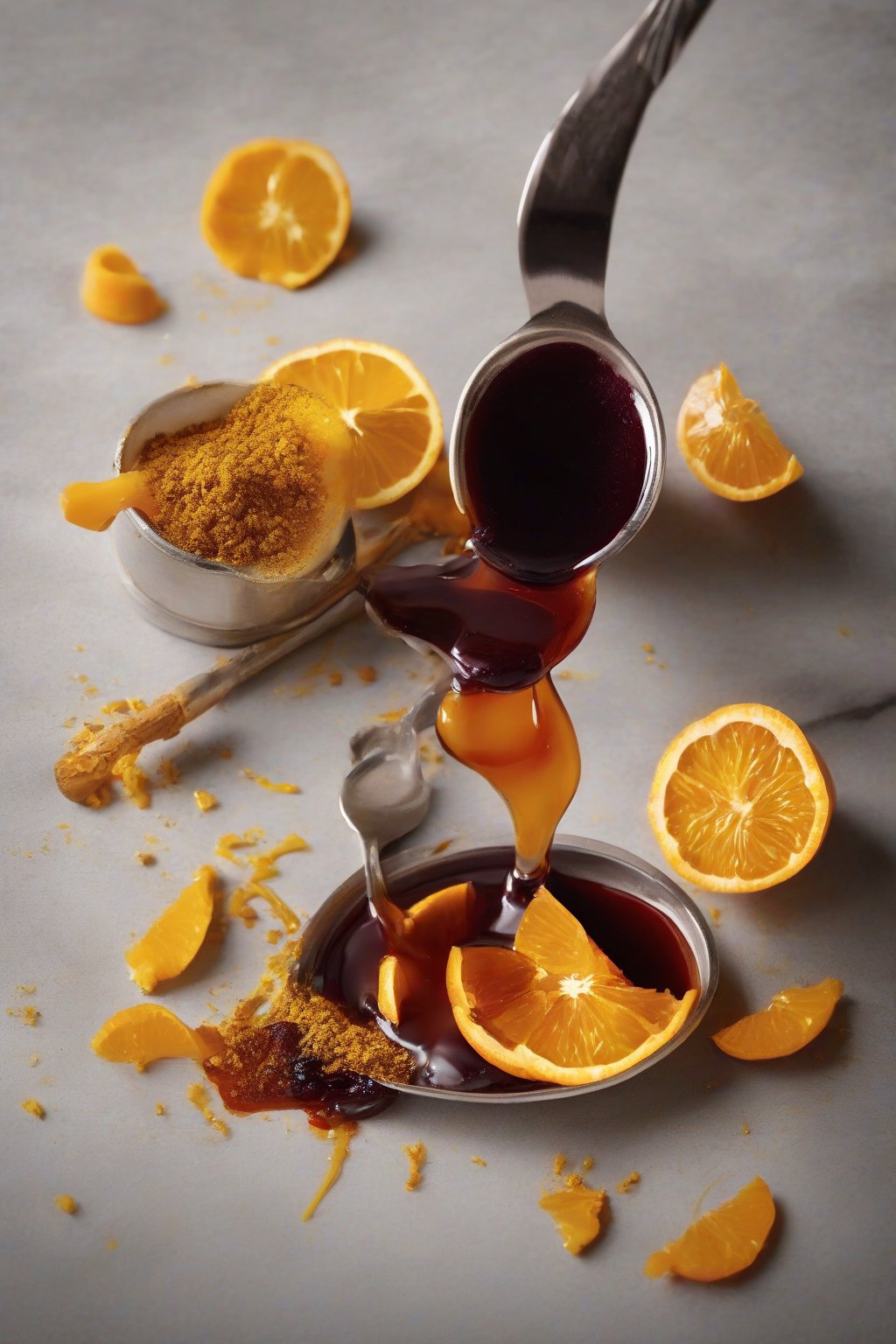 A high-resolution photo of golden turmeric elderberry syrup poured into a spoon, with turmeric roots and orange slices, under soft lighting.