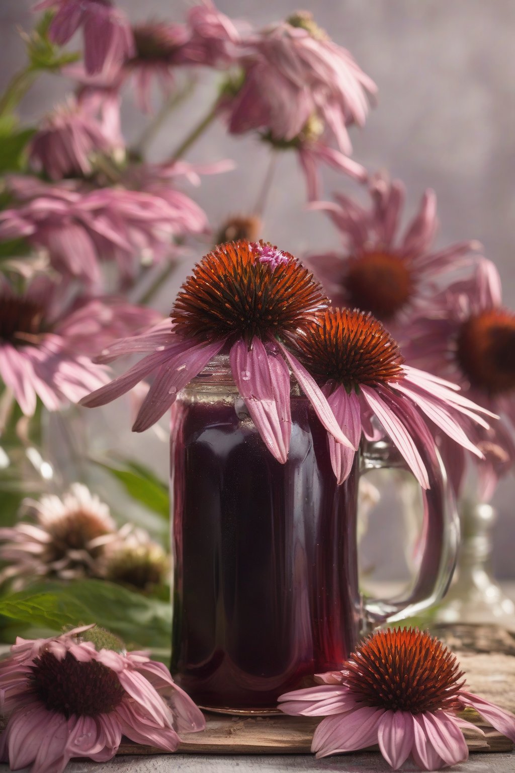 A high-resolution photo of echinacea-boosted elderberry syrup in a rustic jar, surrounded by echinacea flowers, under soft lighting.