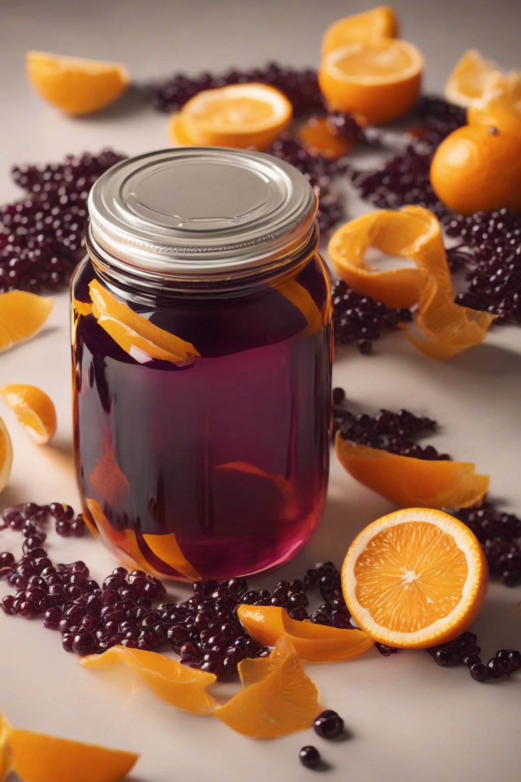 A high-resolution photo of vibrant citrus elderberry syrup with orange peels floating in the jar, under soft lighting.