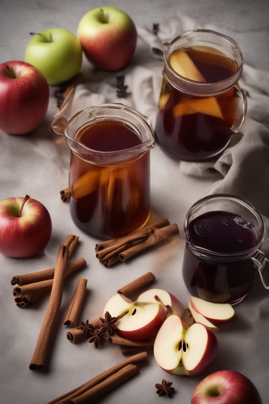 A high-resolution photo of apple cinnamon elderberry syrup with apple slices and cinnamon sticks, under soft lighting.