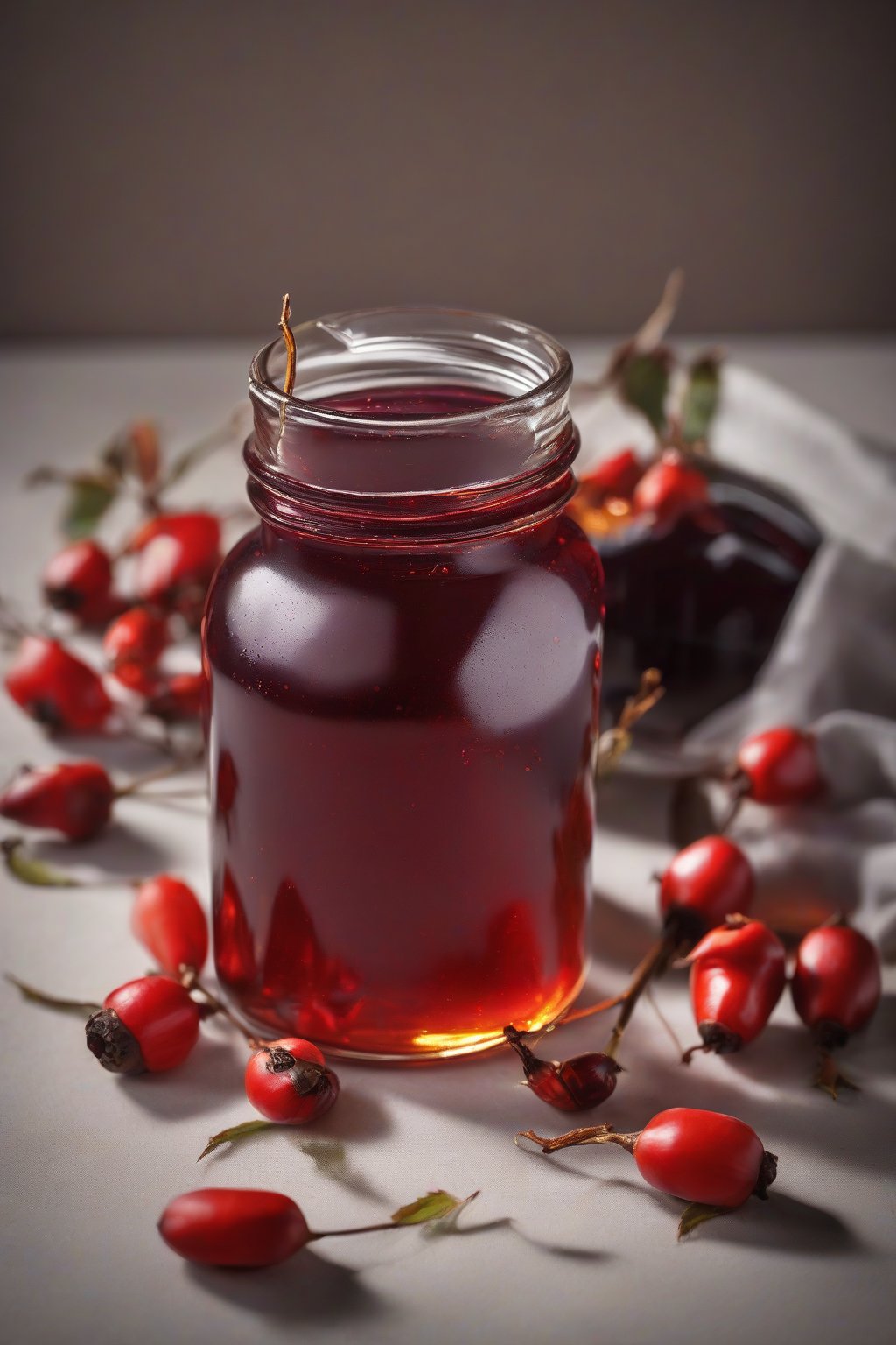 A high-resolution photo of rosehip elderberry syrup in a jar with red rosehips and pods, under soft lighting.