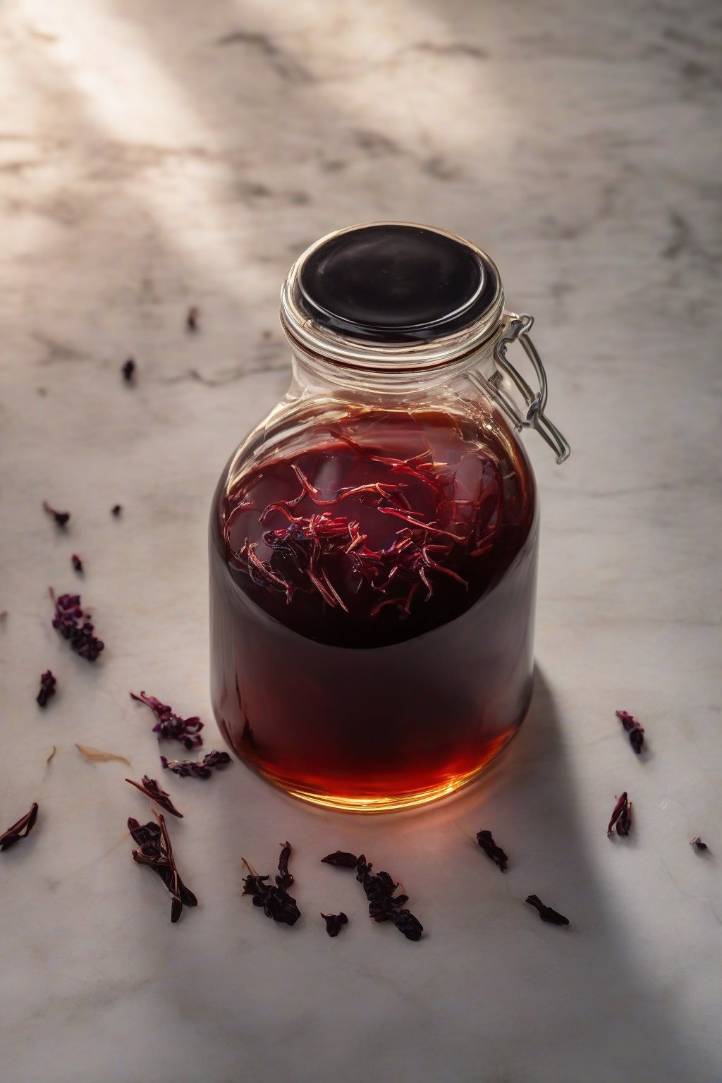 A high-resolution photo of astragalus elderberry syrup with root pieces visible through the jar, under soft lighting.