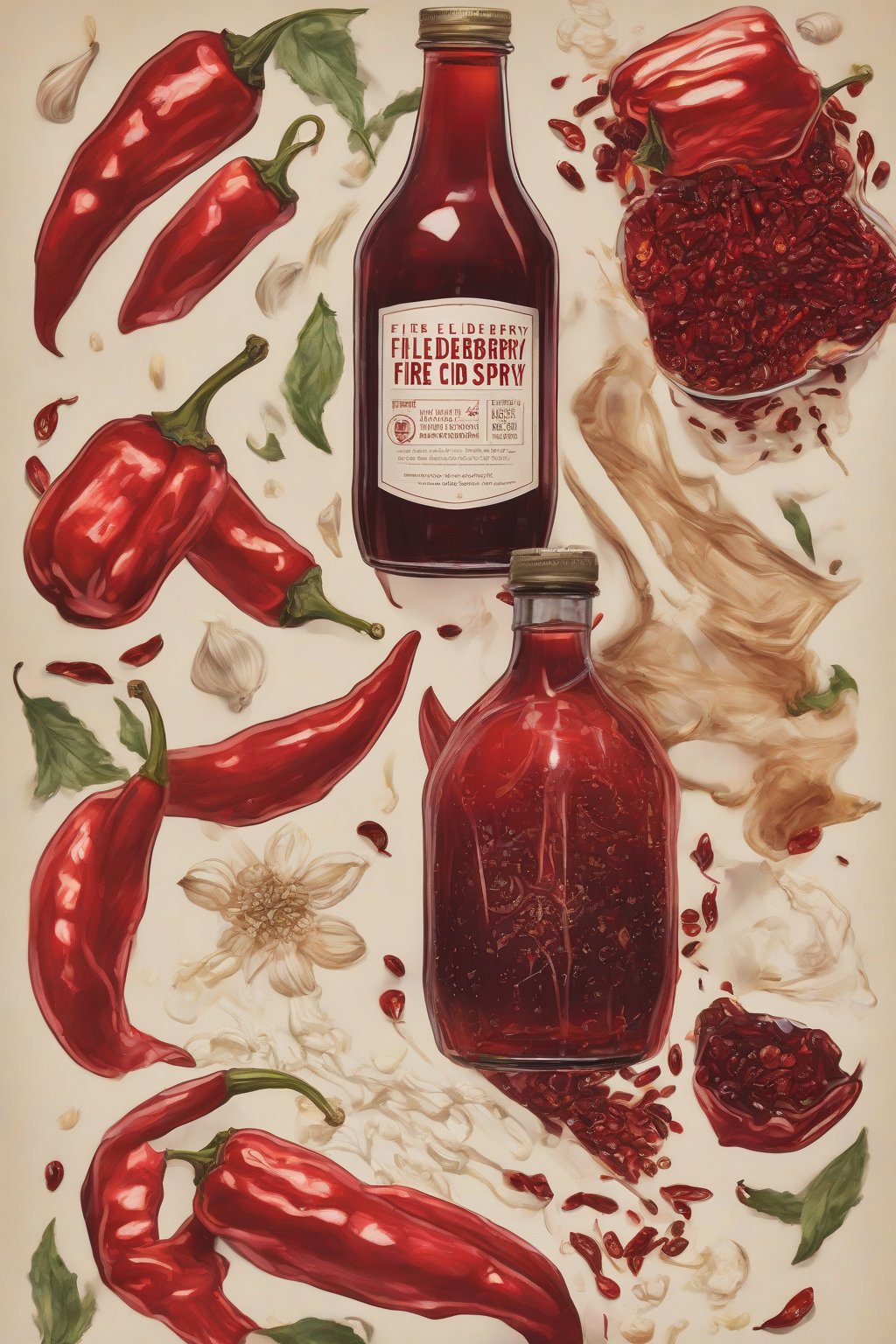 A high-resolution photo of fiery red elderberry fire cider syrup with chili peppers and garlic, under soft lighting.