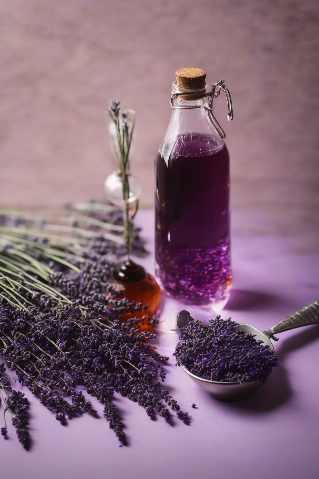A high-resolution photo of purple lavender elderberry syrup with lavender sprigs, under soft lighting.