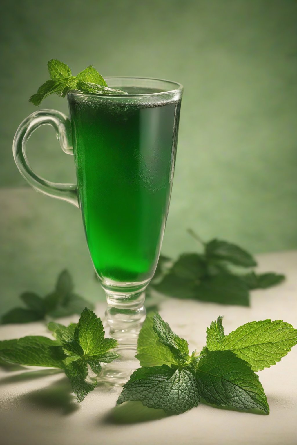 A high-resolution photo of minty green-tinged elderberry syrup with peppermint leaves, under soft lighting.