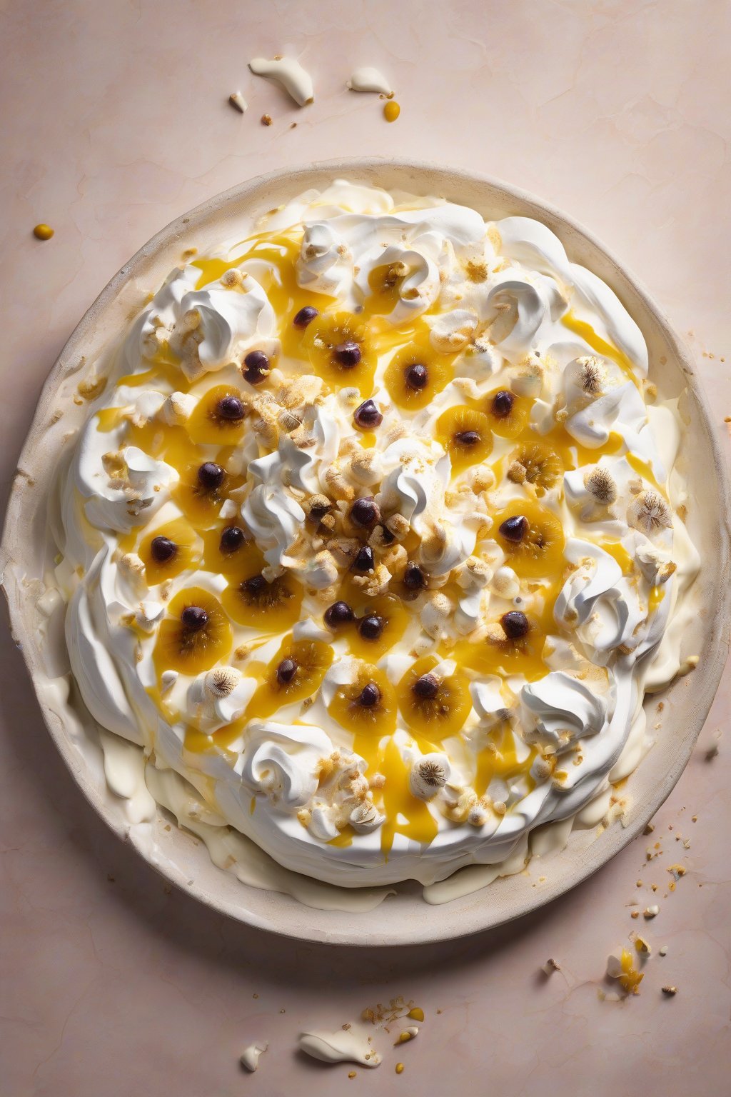 A high-resolution photo of a passionfruit pavlova with shattered crisp meringue, seeded pulp glistening on cream, under soft lighting.