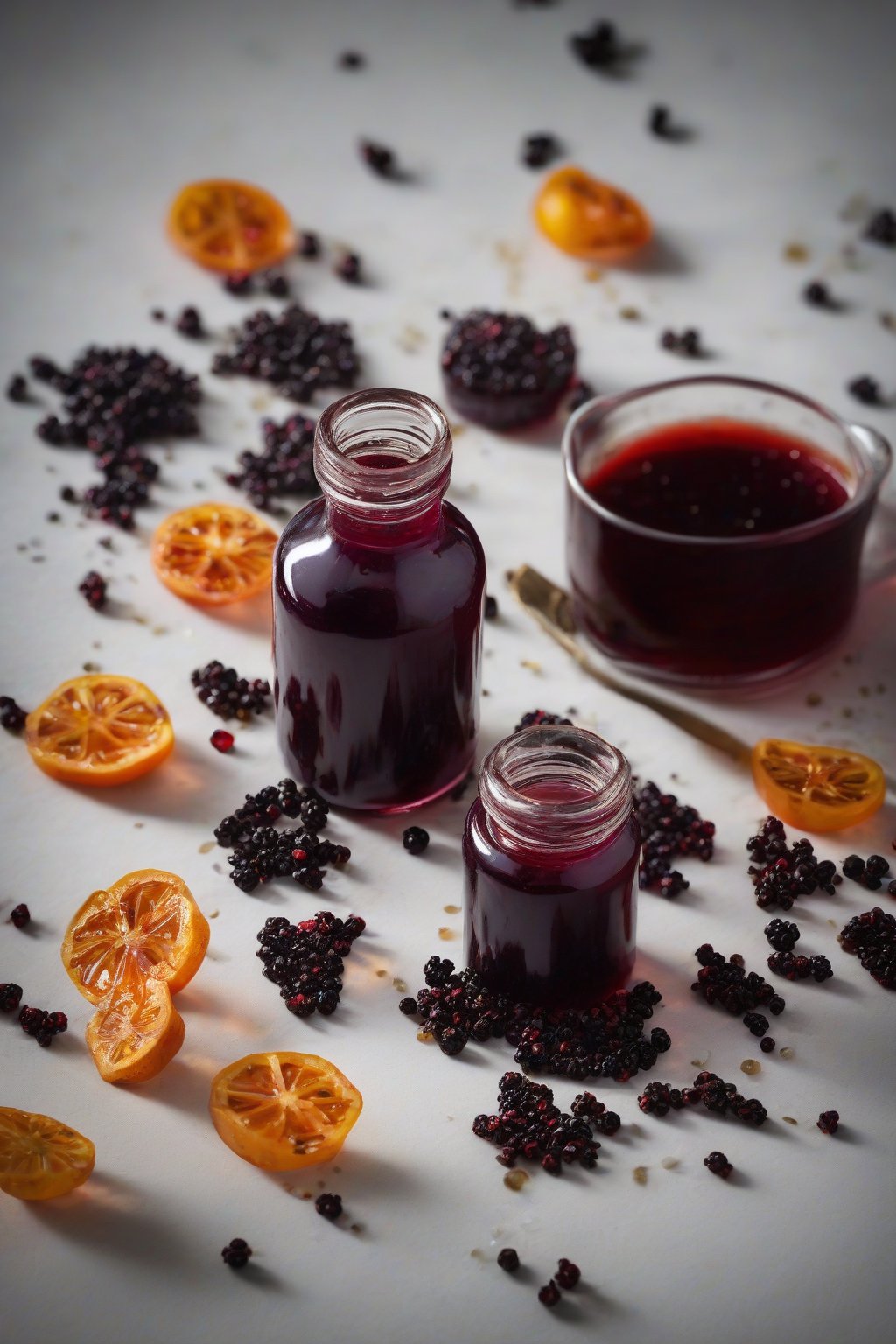 A high-resolution photo of pepper-infused elderberry syrup with scattered peppercorns, under soft lighting.