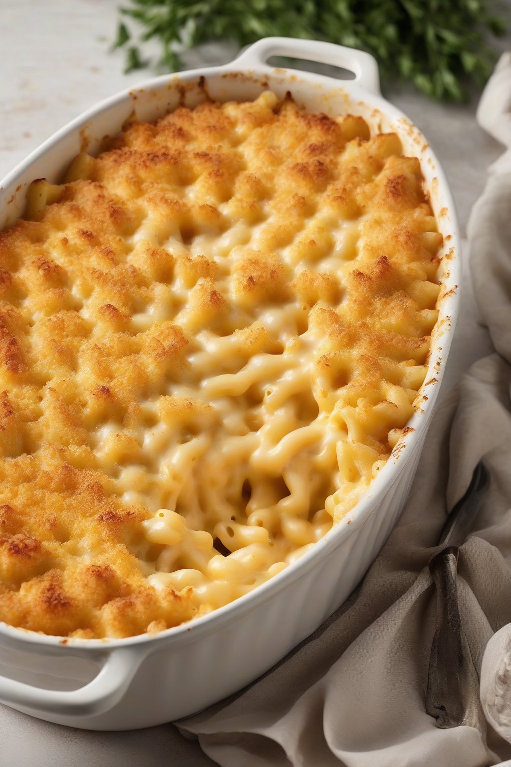 A high-resolution close-up photo of classic golden baked mac and cheese with a bubbly cheese crust, served in a white casserole dish under soft lighting.