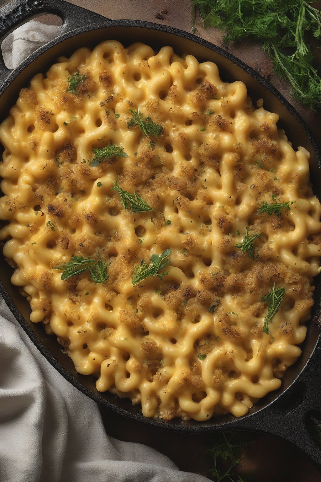 A high-resolution close-up photo of truffle-infused golden baked mac and cheese garnished with fresh herbs, steaming in a cast-iron skillet under soft lighting.