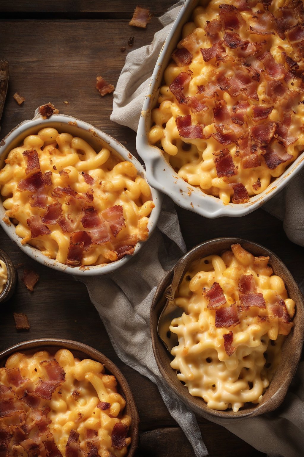 A high-resolution close-up photo of bacon cheddar golden baked mac and cheese with visible crispy bacon pieces, in a rustic baking dish under soft lighting.