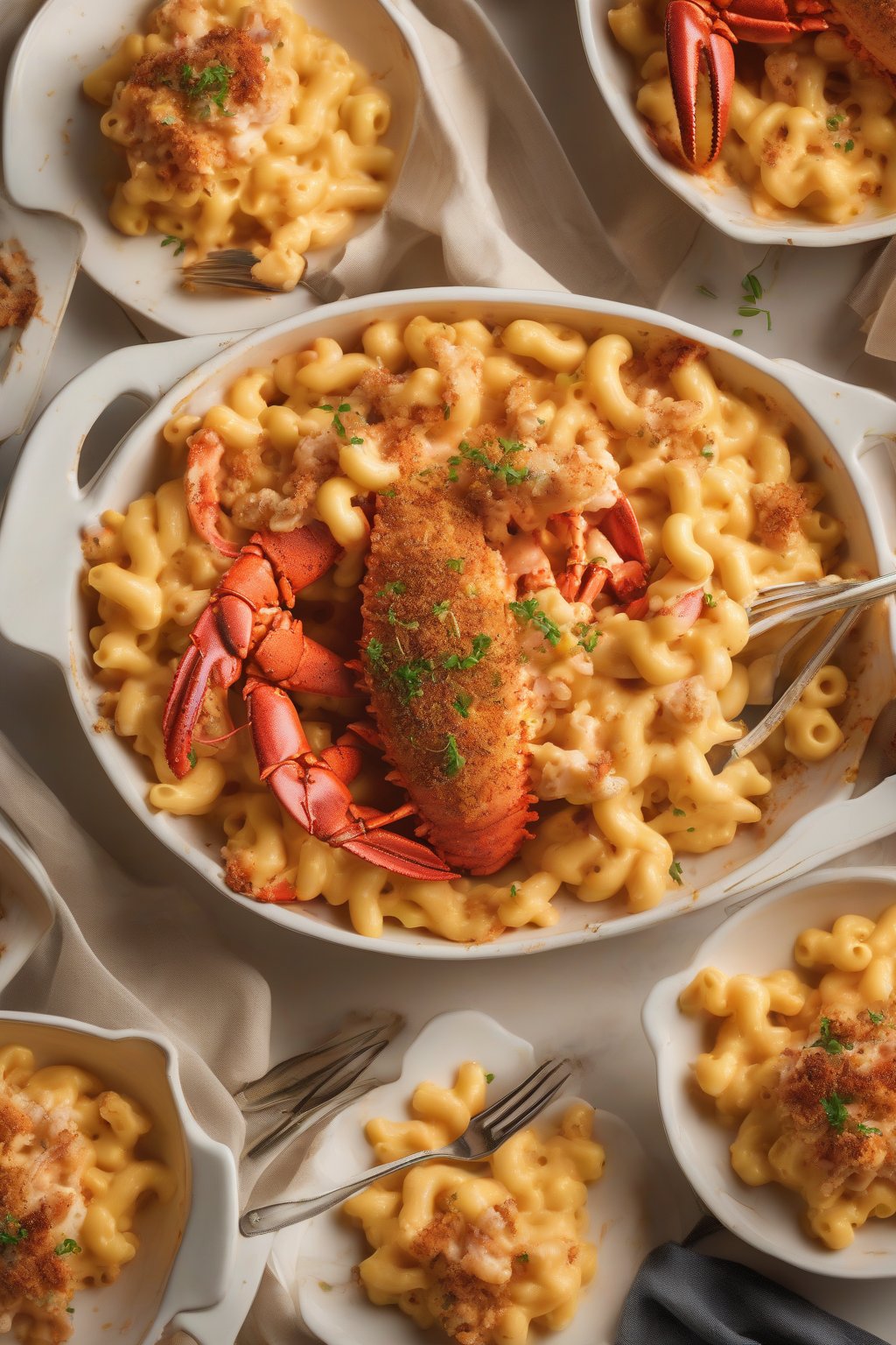 A high-resolution close-up photo of lobster golden baked mac and cheese topped with claw meat, elegantly plated under soft lighting.