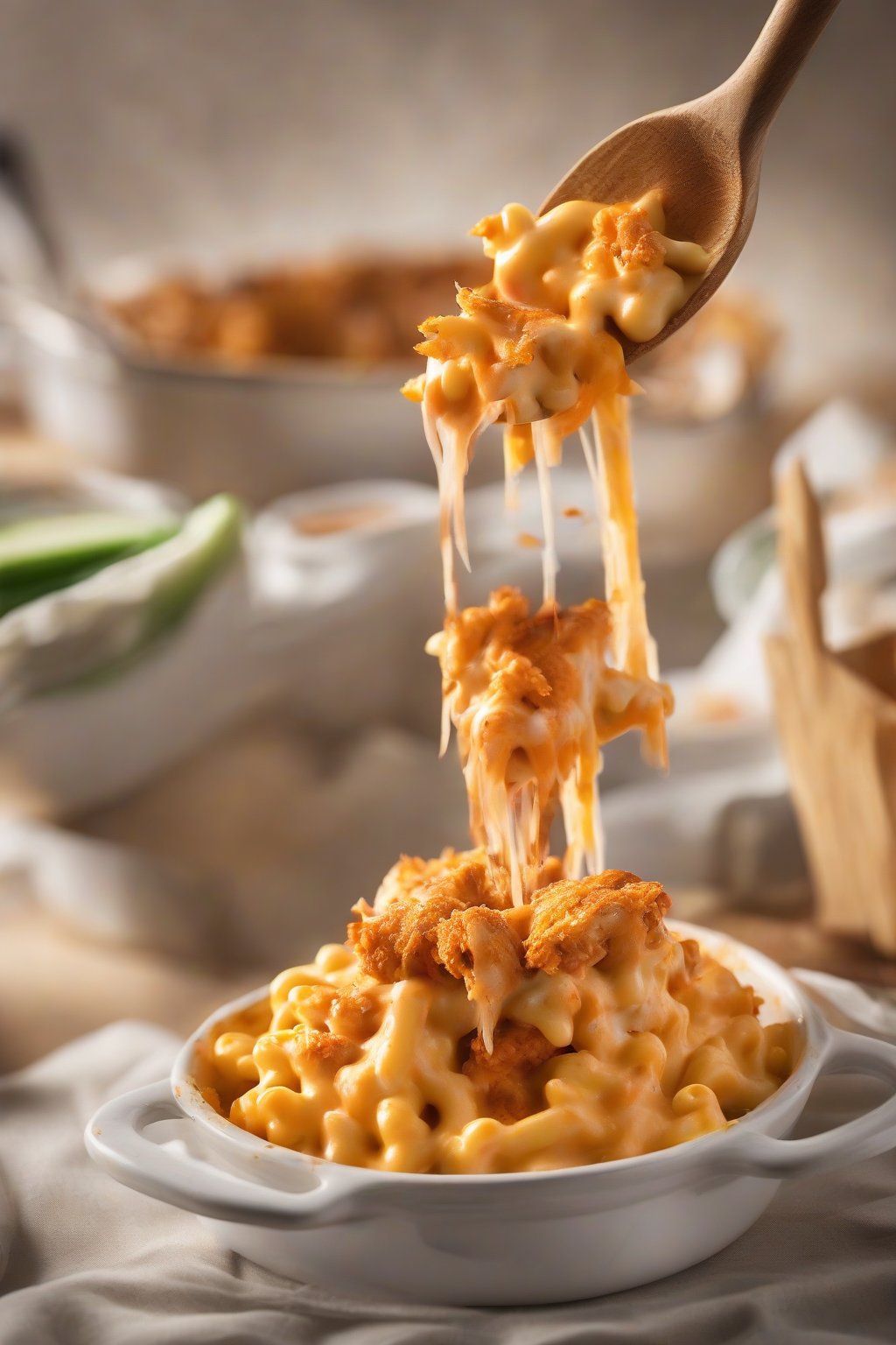 A high-resolution close-up photo of buffalo chicken golden baked mac and cheese with a spicy cheese pull, in a sports-themed dish under soft lighting.