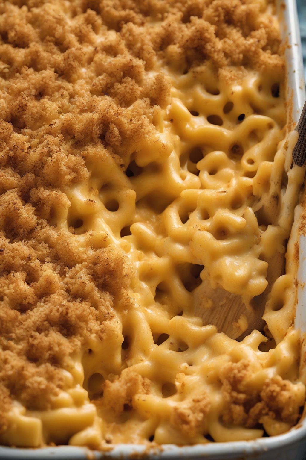 A high-resolution close-up photo of vegan golden baked mac and cheese with a crispy breadcrumb crust, vibrant and creamy under soft lighting.