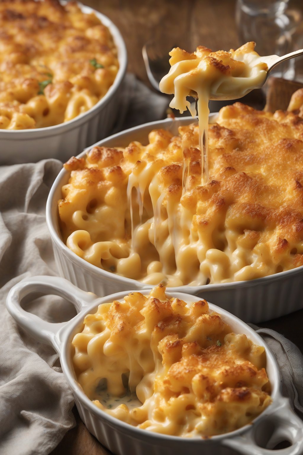 A high-resolution close-up photo of four-cheese golden baked mac and cheese oozing with mixed melts, in a ceramic dish under soft lighting.