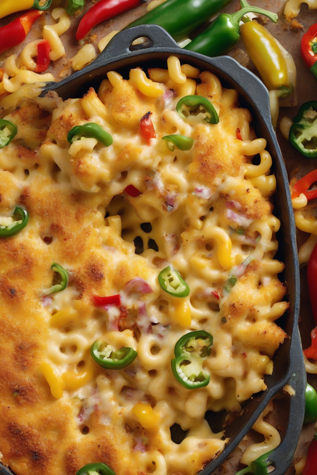 A high-resolution close-up photo of jalapeño popper golden baked mac and cheese with sliced peppers on top, boldly colorful under soft lighting.
