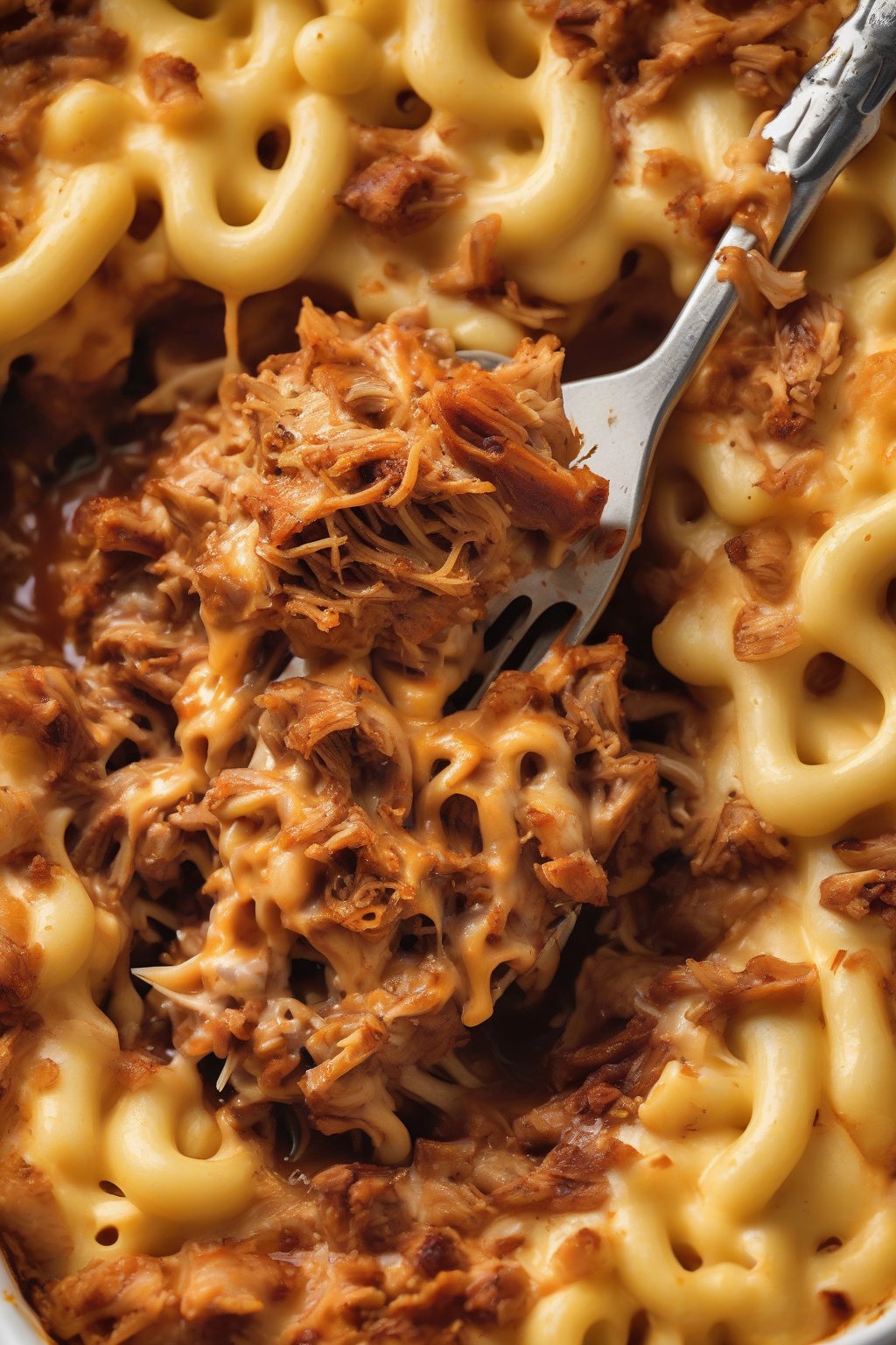 A high-resolution close-up photo of BBQ pulled pork golden baked mac and cheese with saucy shreds, fork-tender under soft lighting.